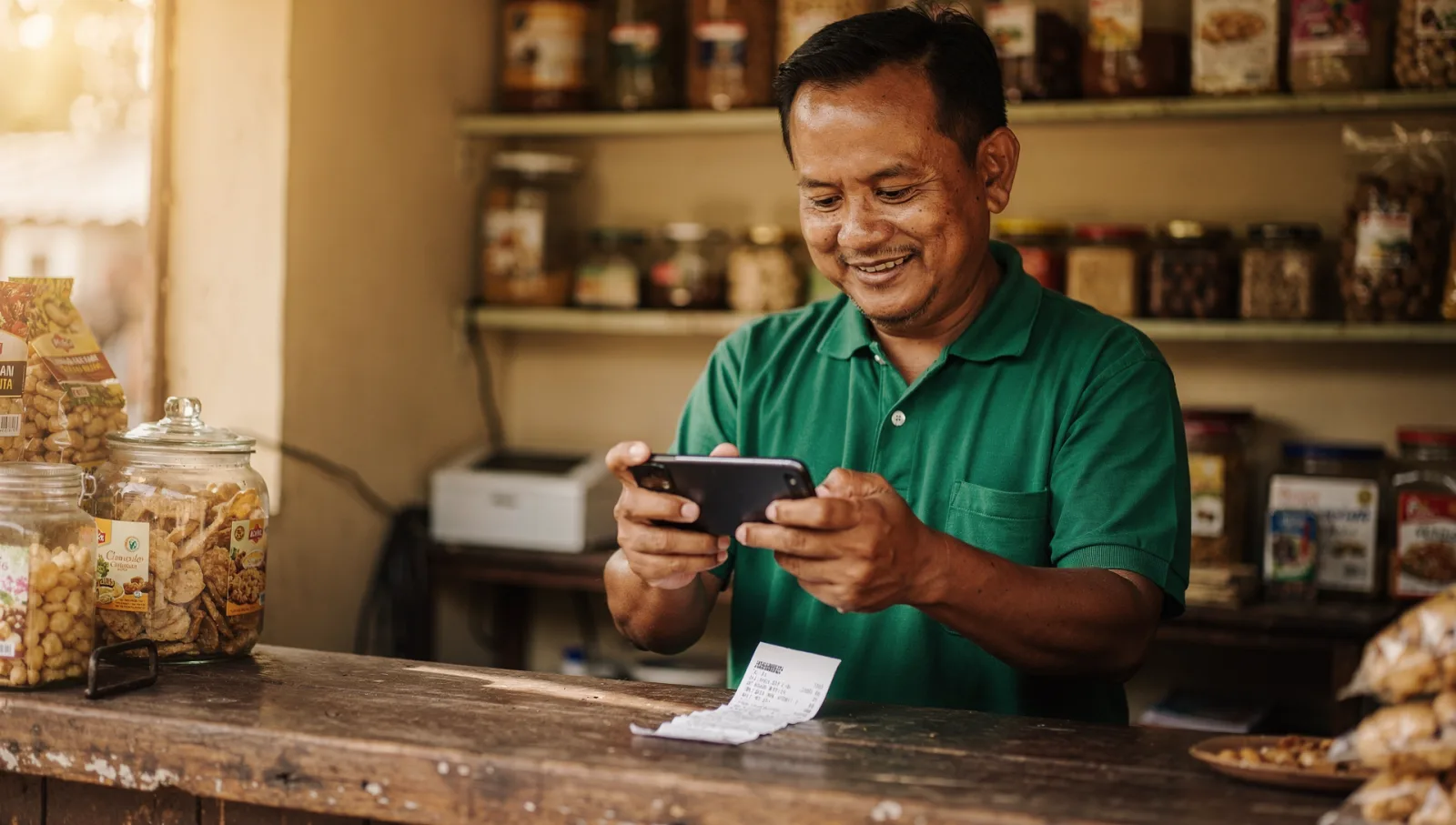 Pemilik warung Indonesia foto nota dengan WhatsApp
